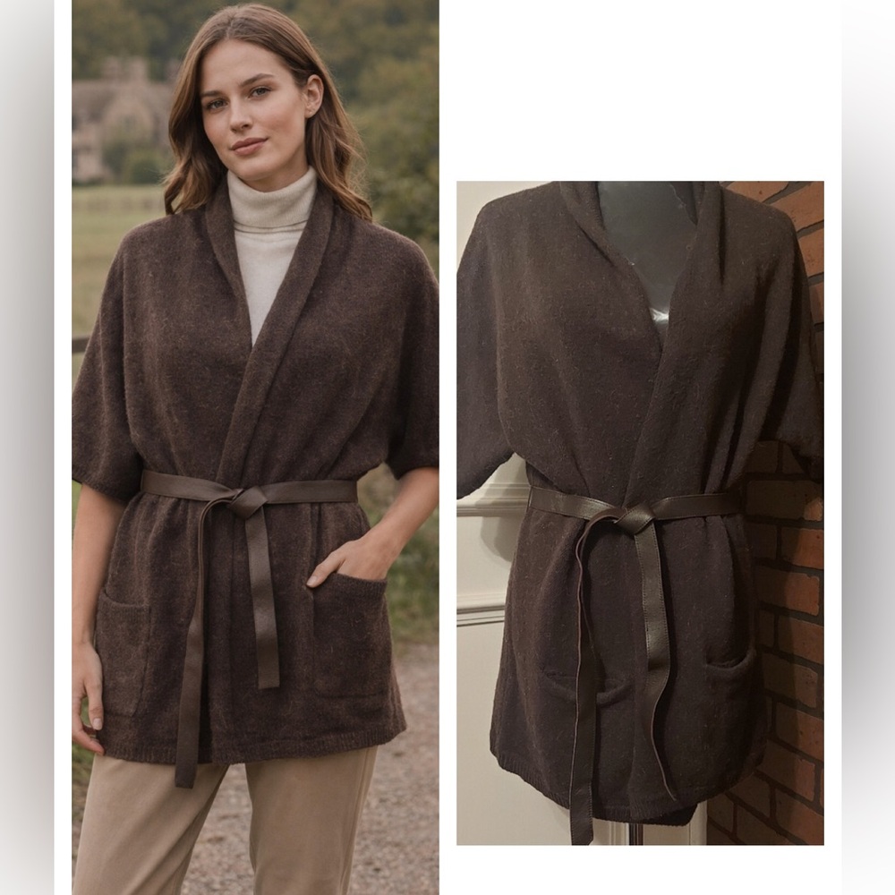 Brown Belted Knit Cardigan Size M Classic Cozy Heritage Layer